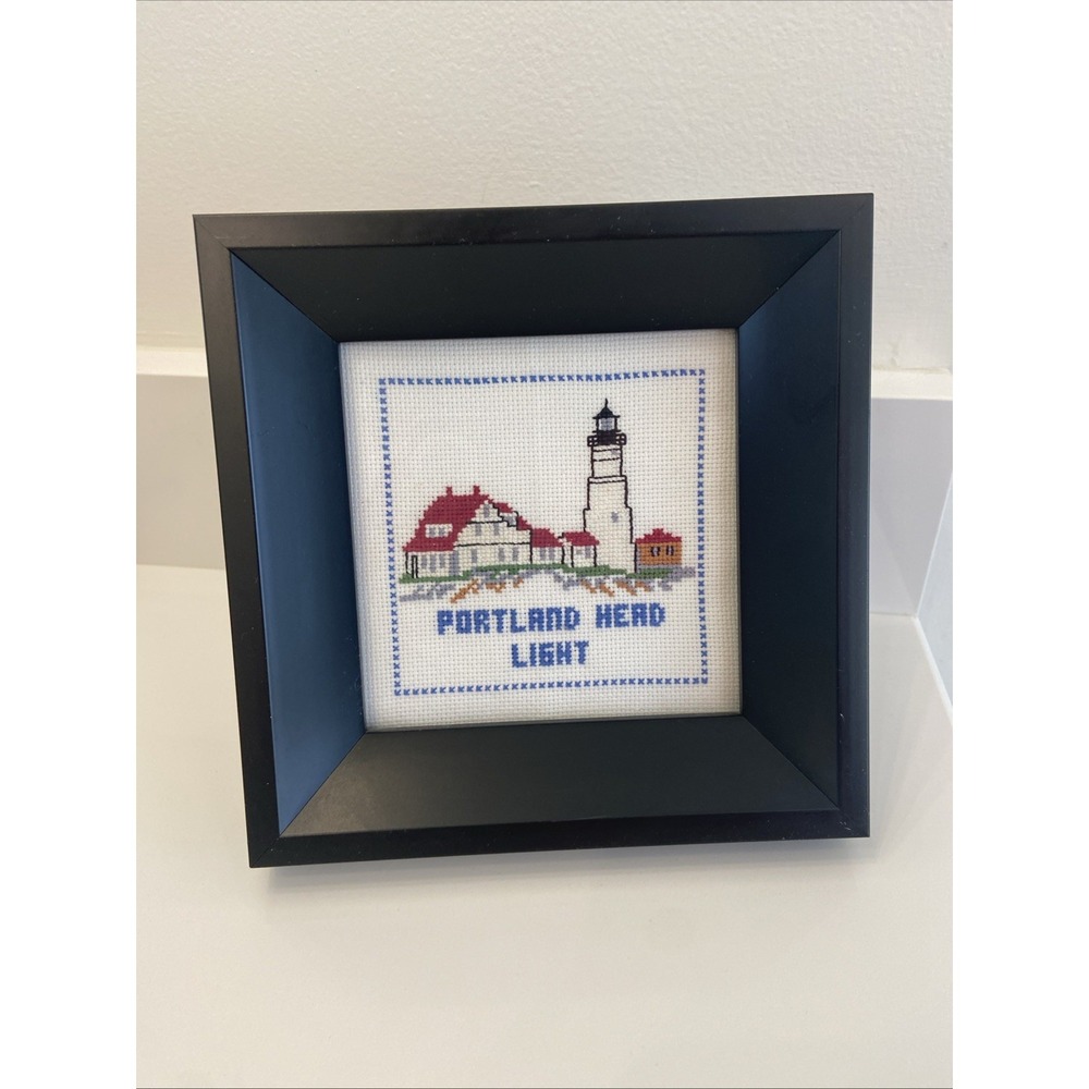 Portland Head Lighthouse Black Square Framed Cross Stitch Green Tree Gallery ME
